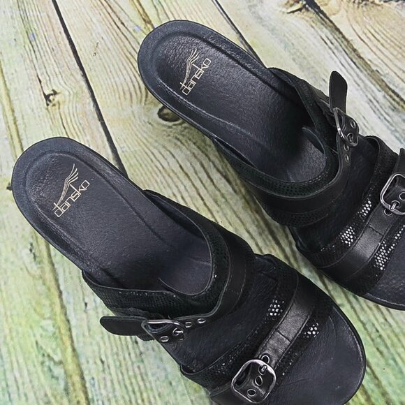 Dansko Jessie Sandals Women’s 41 Black Lizard Leather Wedge Double Strap Slip-On - Picture 7 of 9
